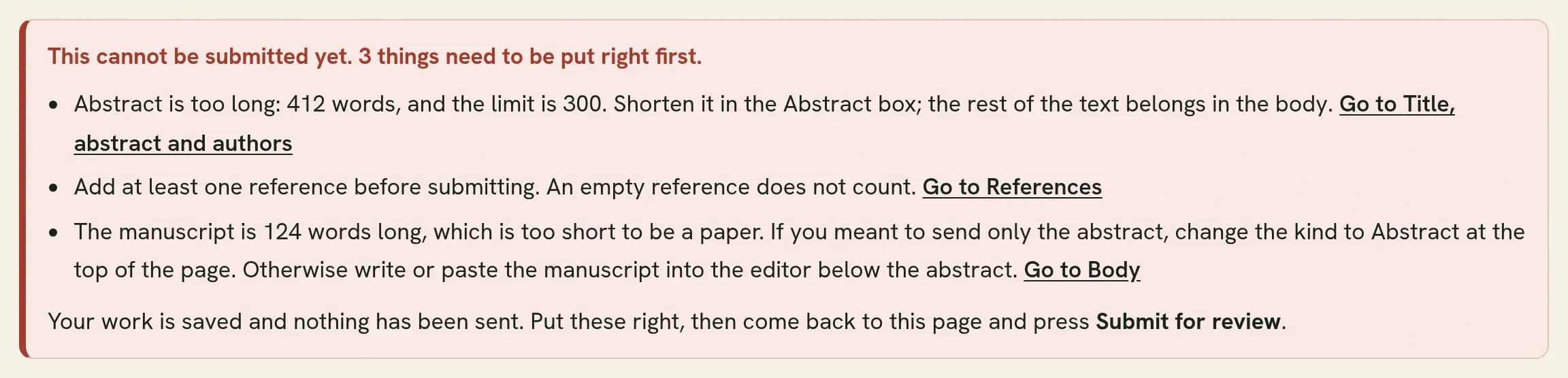 The preview of a submission whose abstract is too long. The box gives the word count, the limit, and a link to where it is put right.