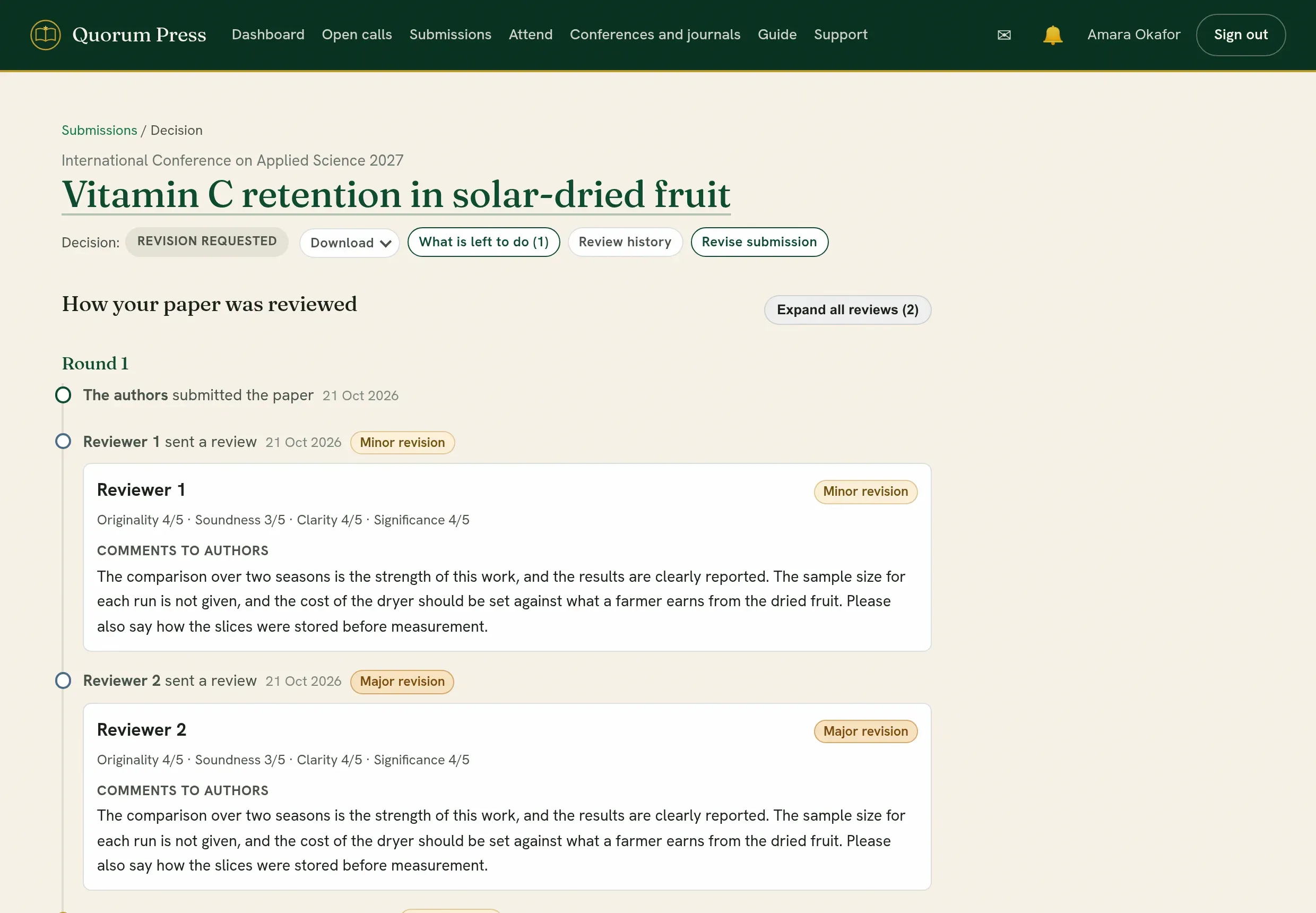 The decision page of a submission sent back for changes: each review, with its scores and comments.