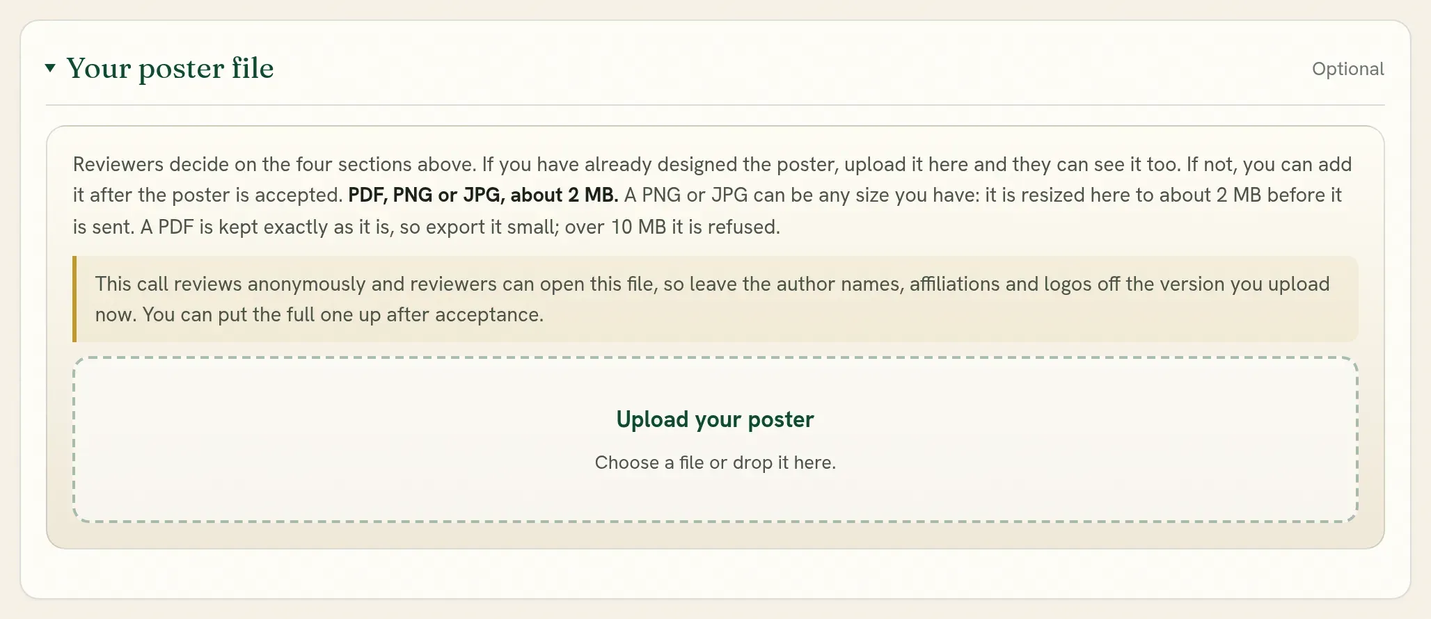 Your poster file: where the designed poster is uploaded.