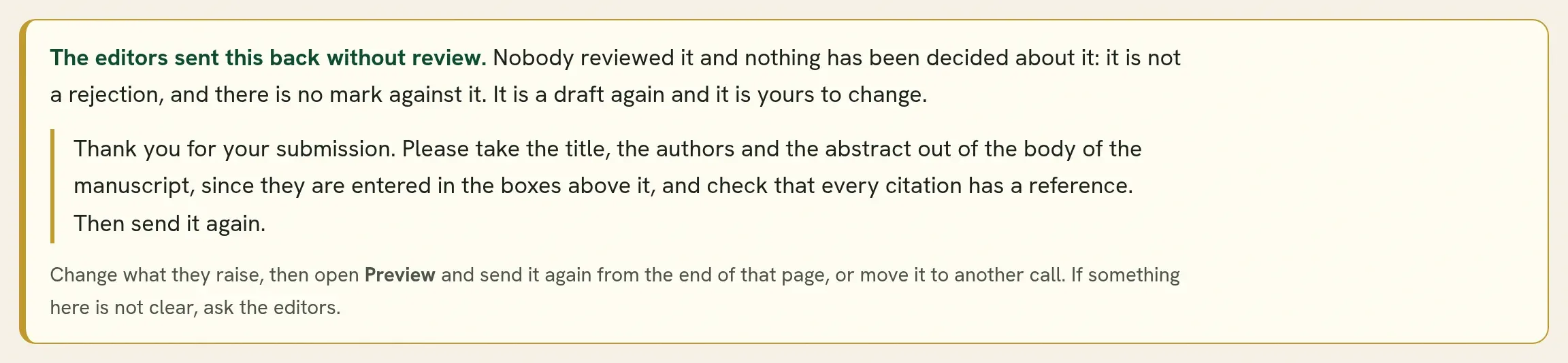 The note at the top of a submission the editors sent back, with their reason.