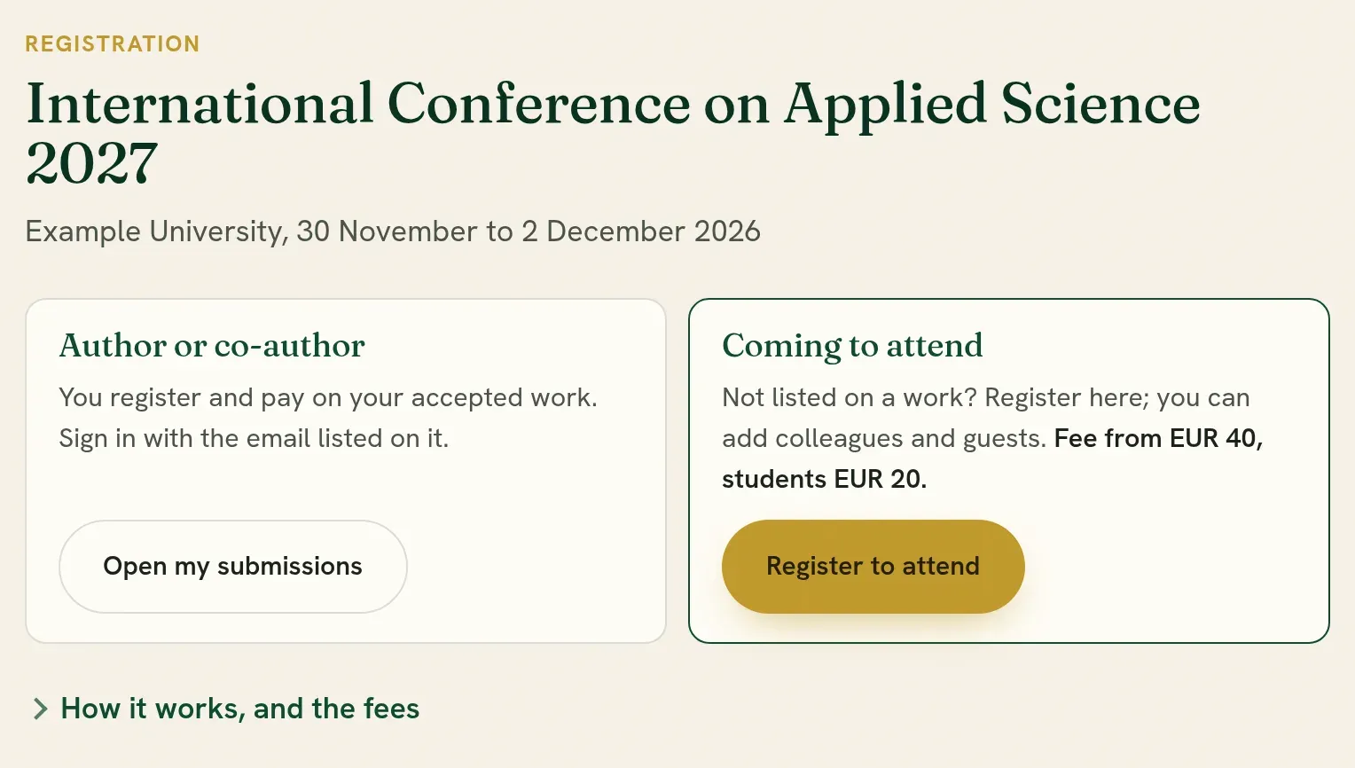 The organizers’ link: one choice for authors and co-authors, one for anybody else.
