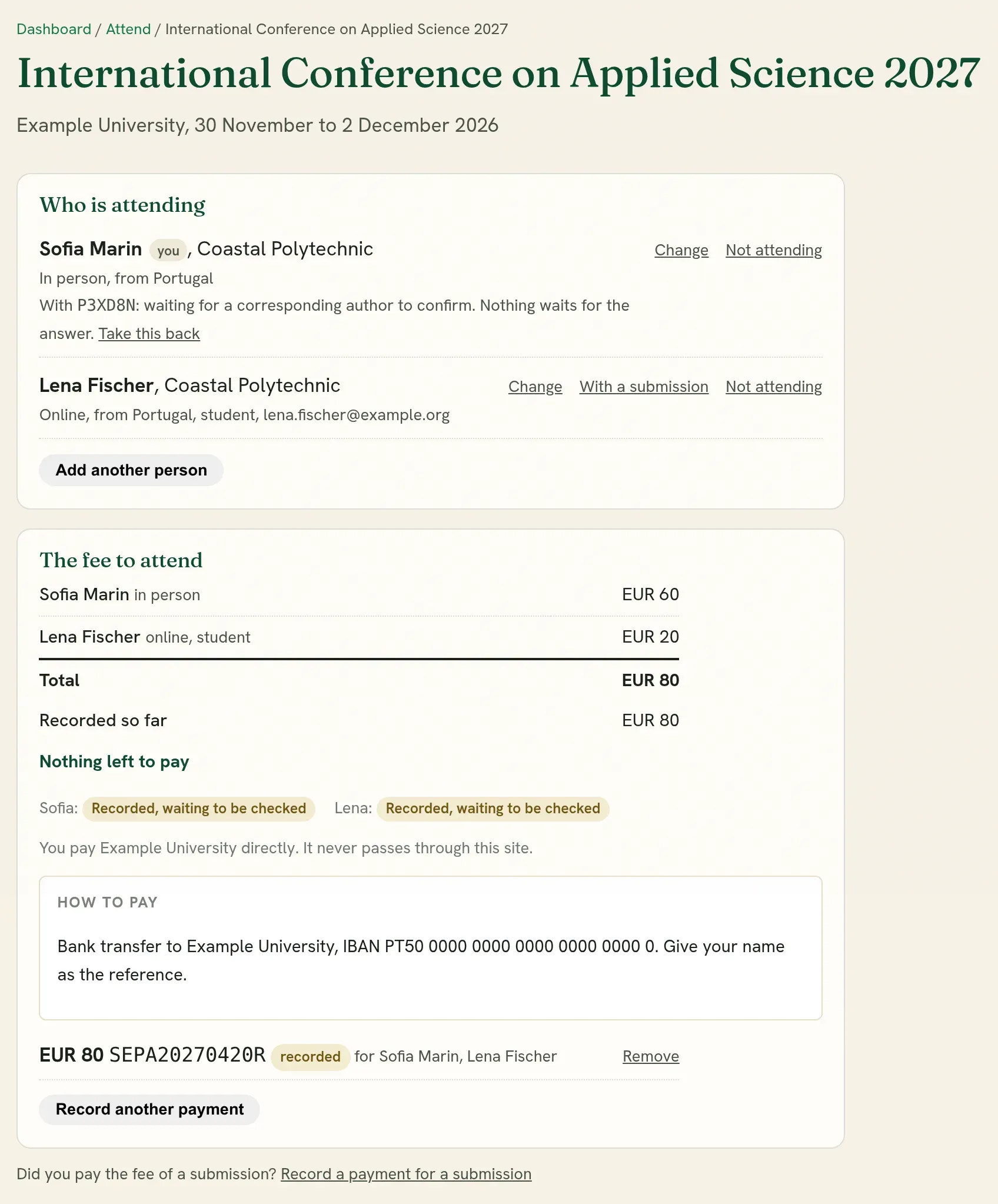 The page for one conference: who is attending, the fee as one sum, and the payment recorded for both.