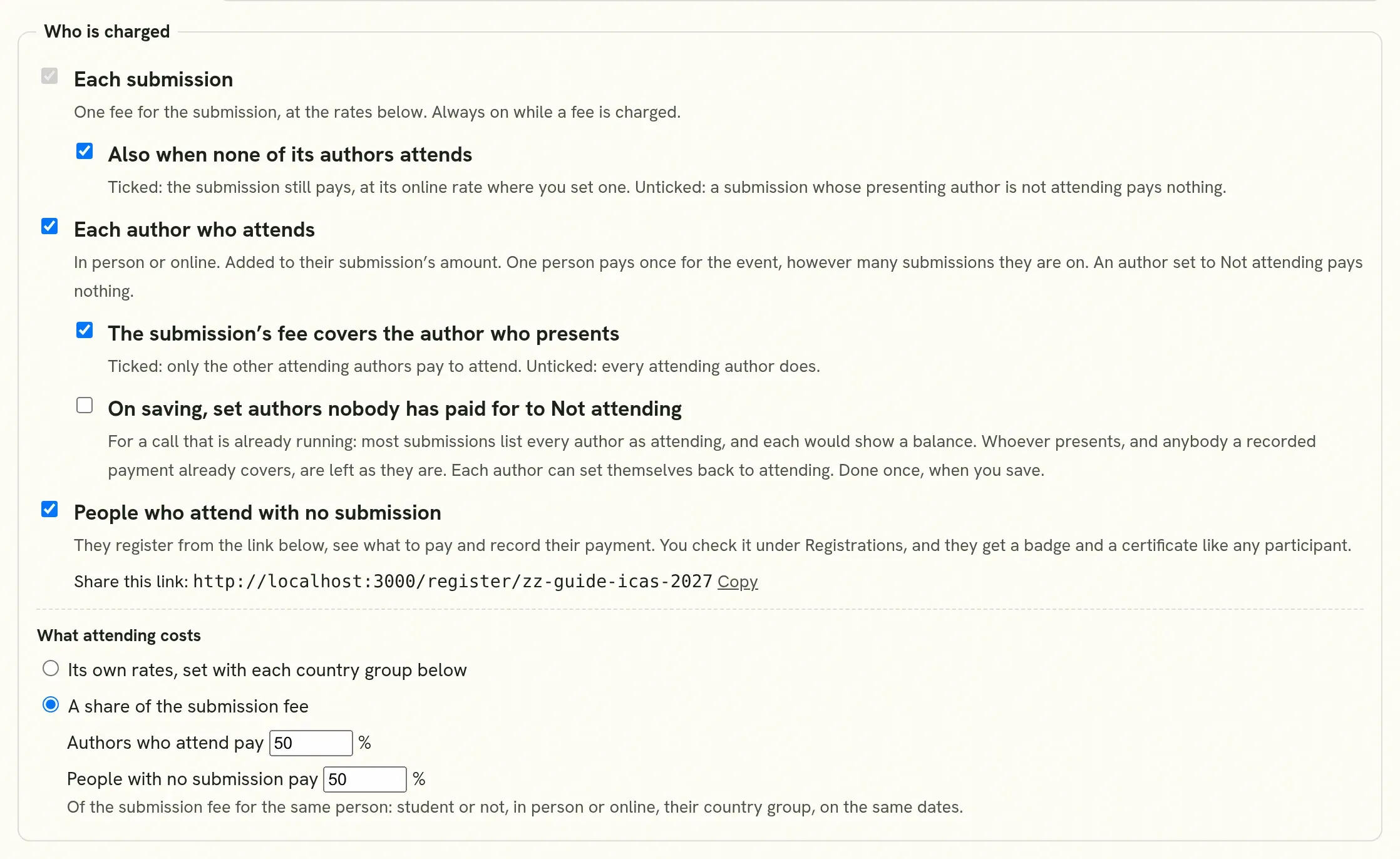 Who is charged: each submission, each author who attends, people with no submission, and what attending costs.