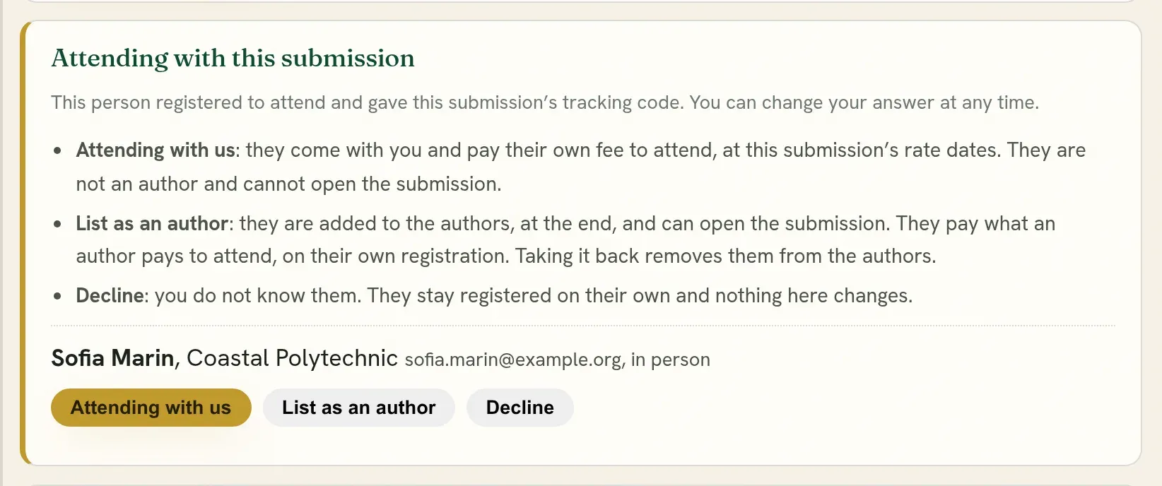 Attending with this submission: the three answers, and what each does.