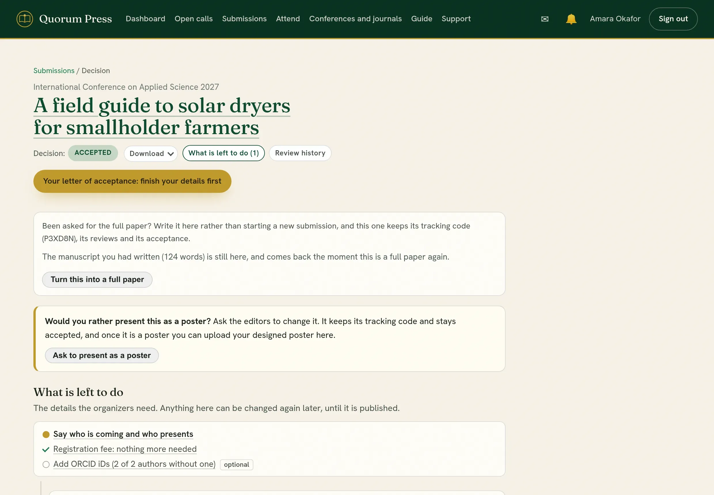 The decision page of accepted work: the decision, Download, and What is left to do.
