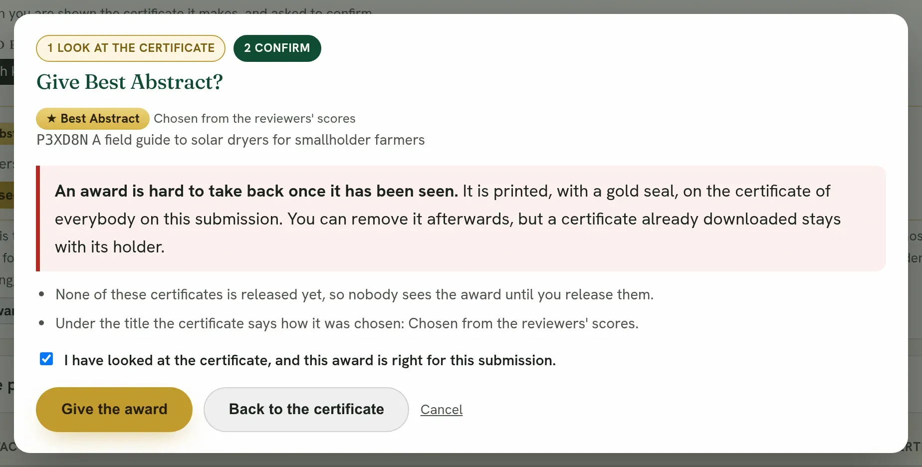 What giving the award does, and the tick that confirms it.