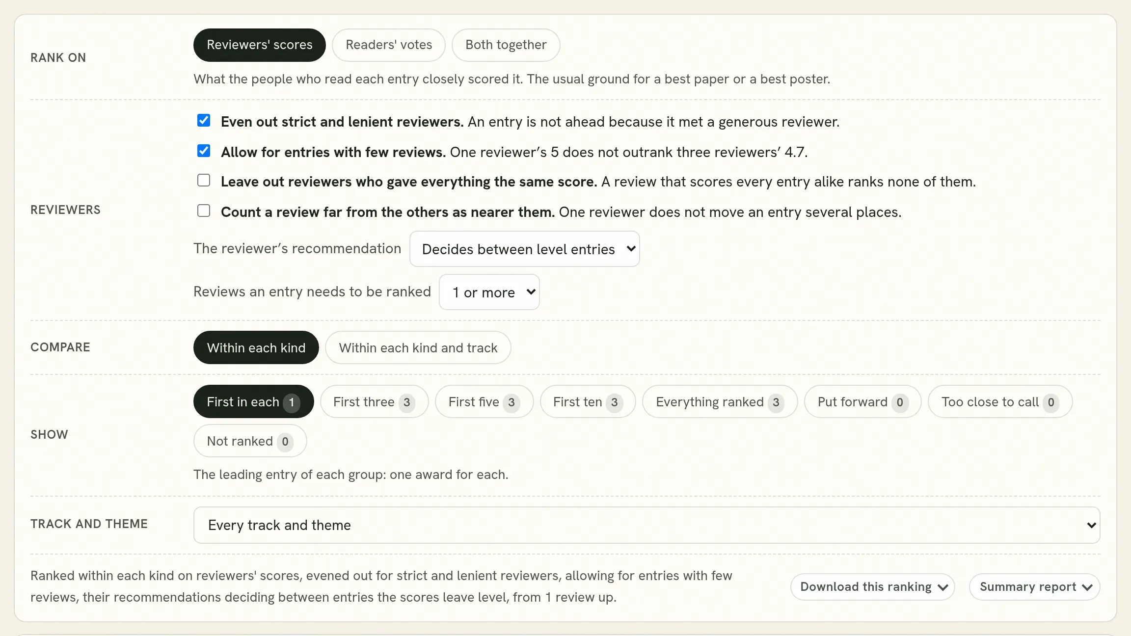 The choices for the ranking: what to rank on, the corrections, and what to show.