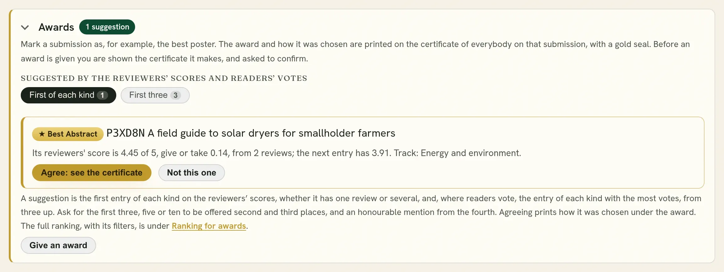 A suggestion from the reviewers’ scores, with what it rests on.