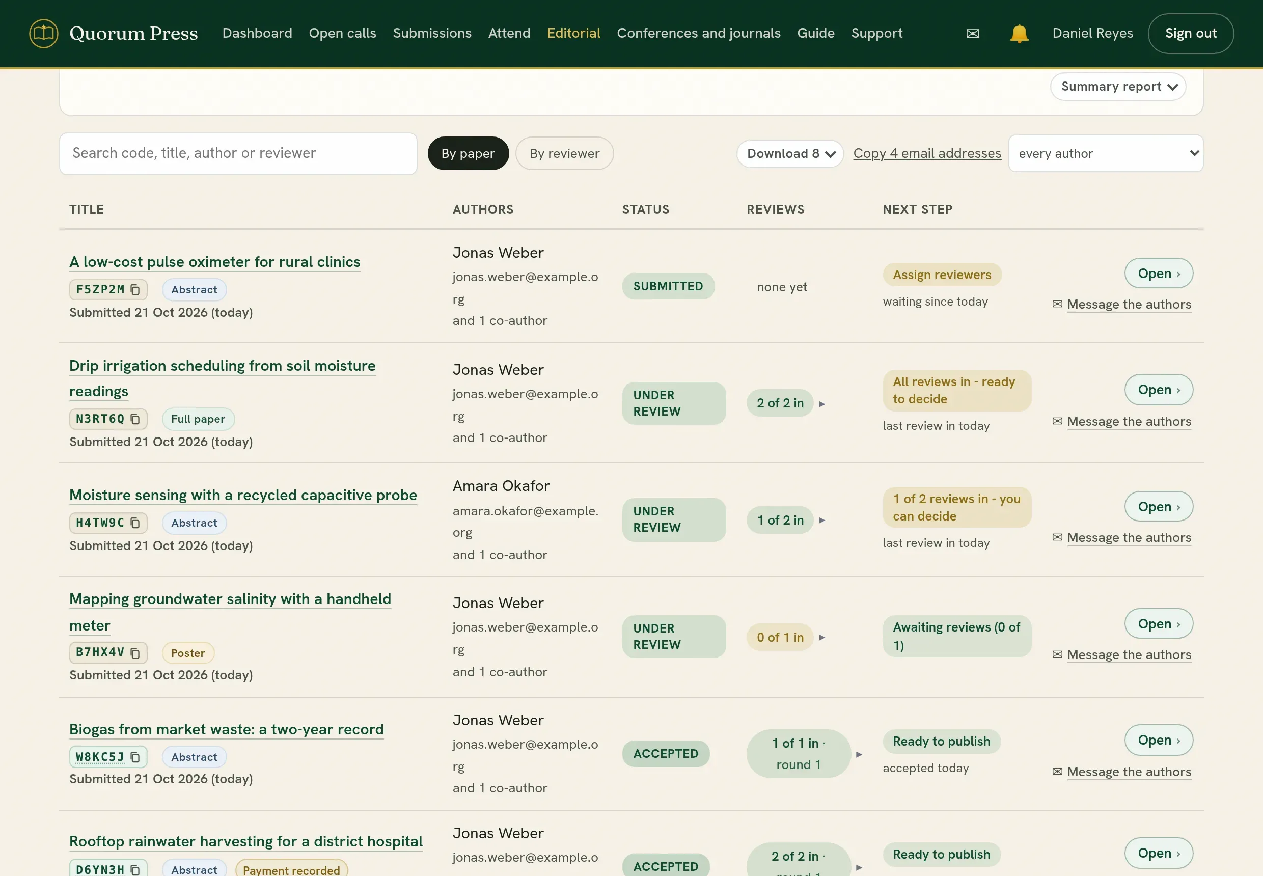 The list: title, authors, status, reviews and the next step.
