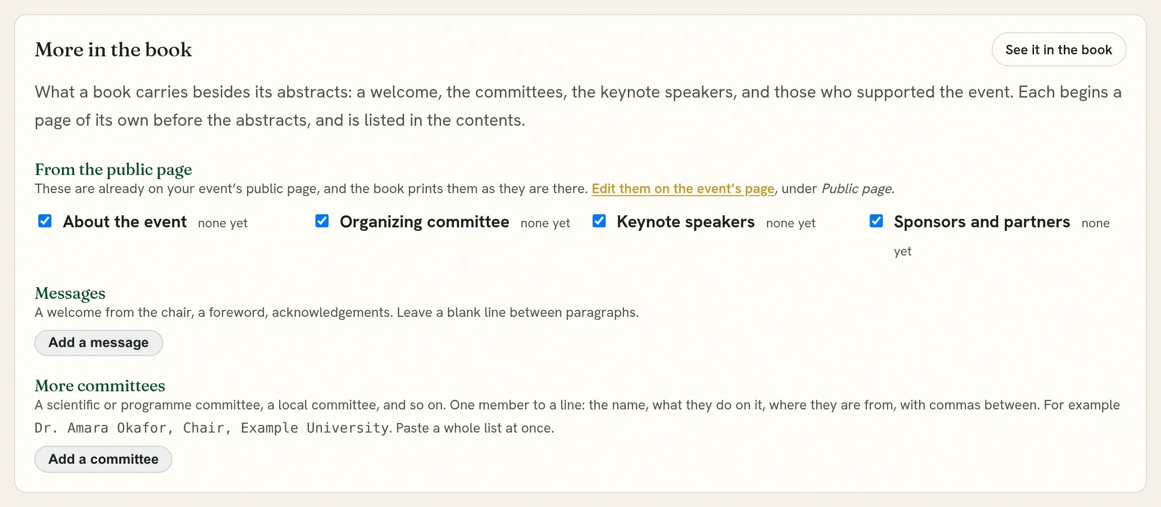 More in the book: the parts from the public page, messages, and further committees.