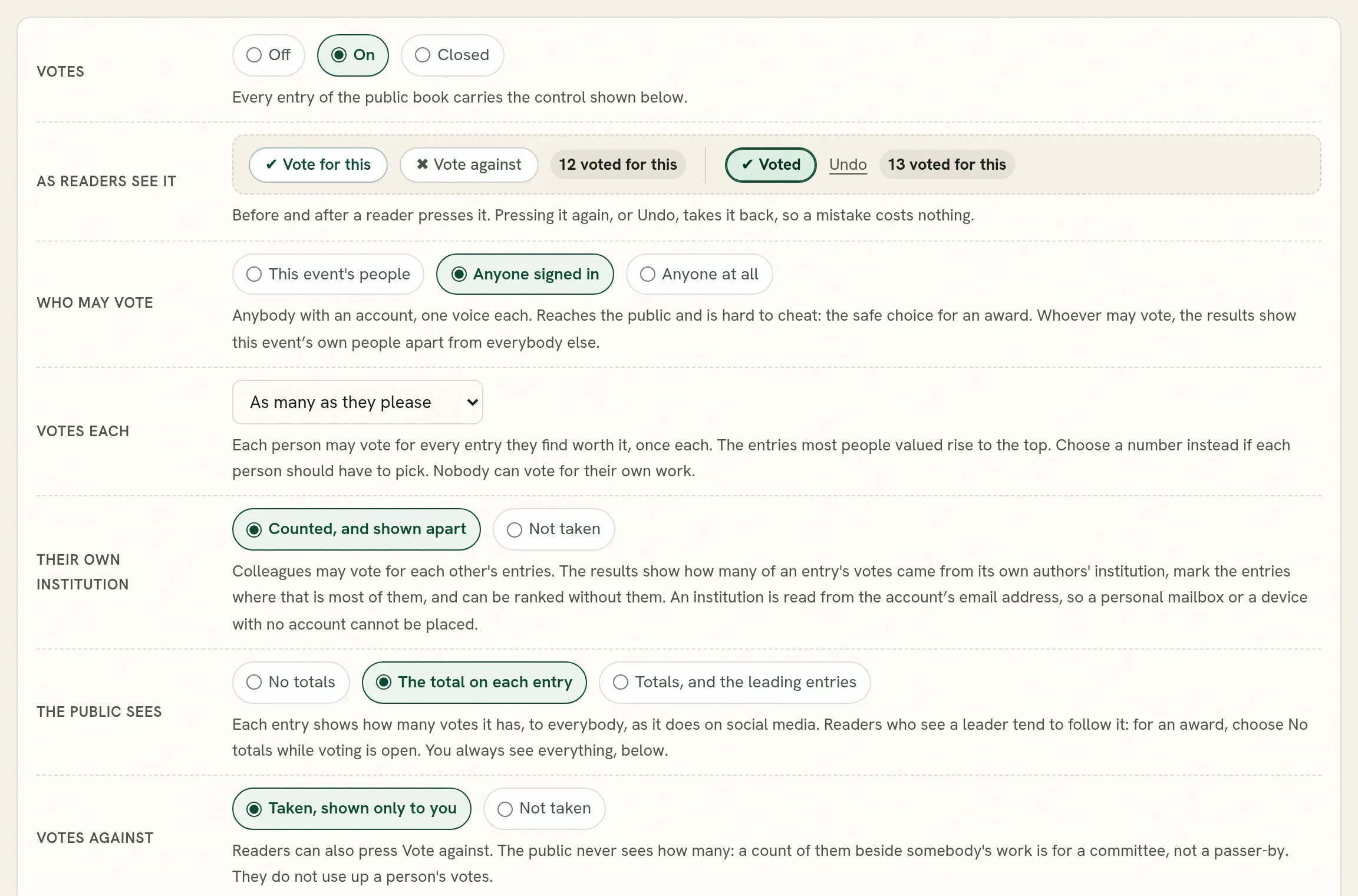 The vote settings, with the control drawn as readers will see it.