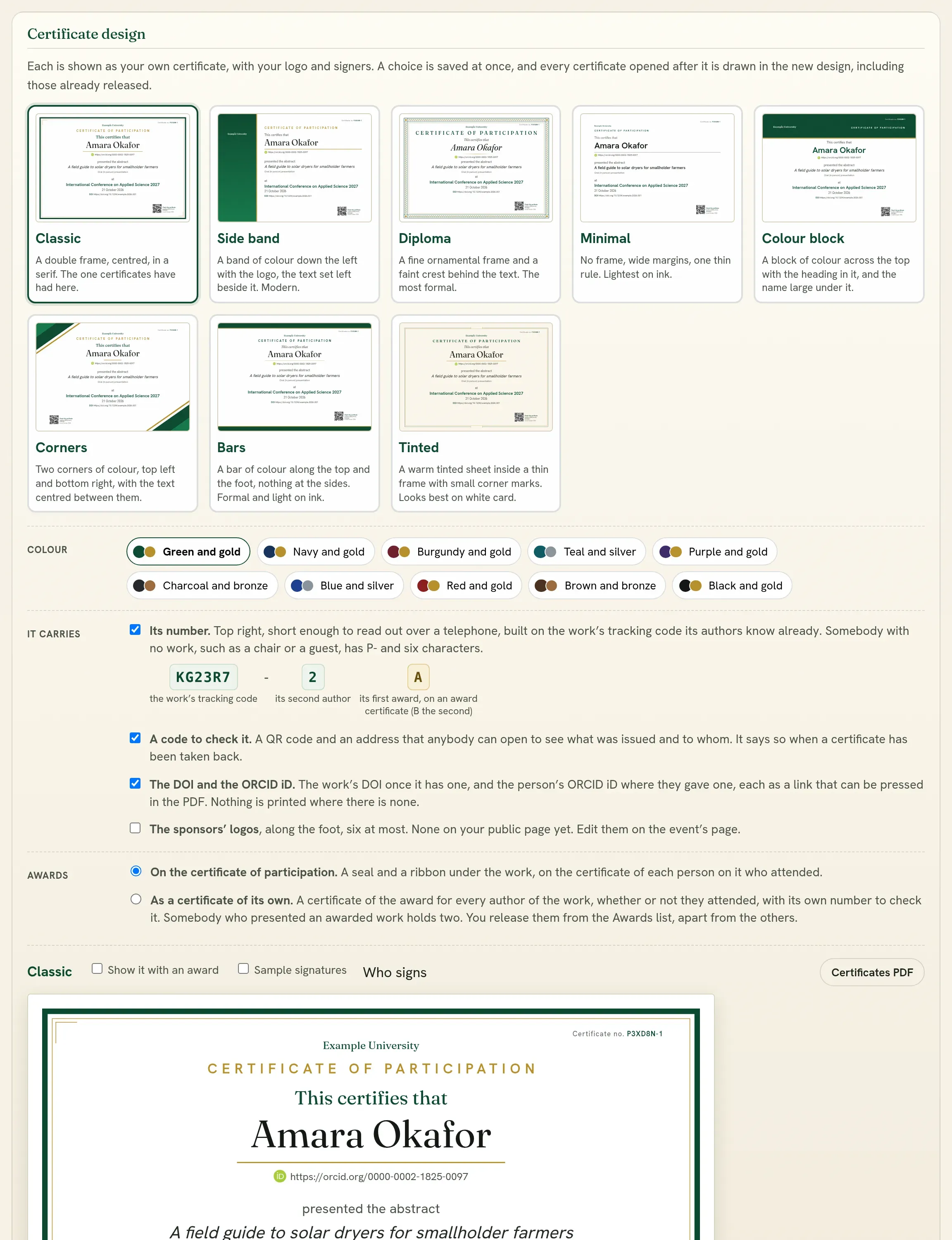 The designs, each as the event’s own certificate, with the colour and what the certificate carries.