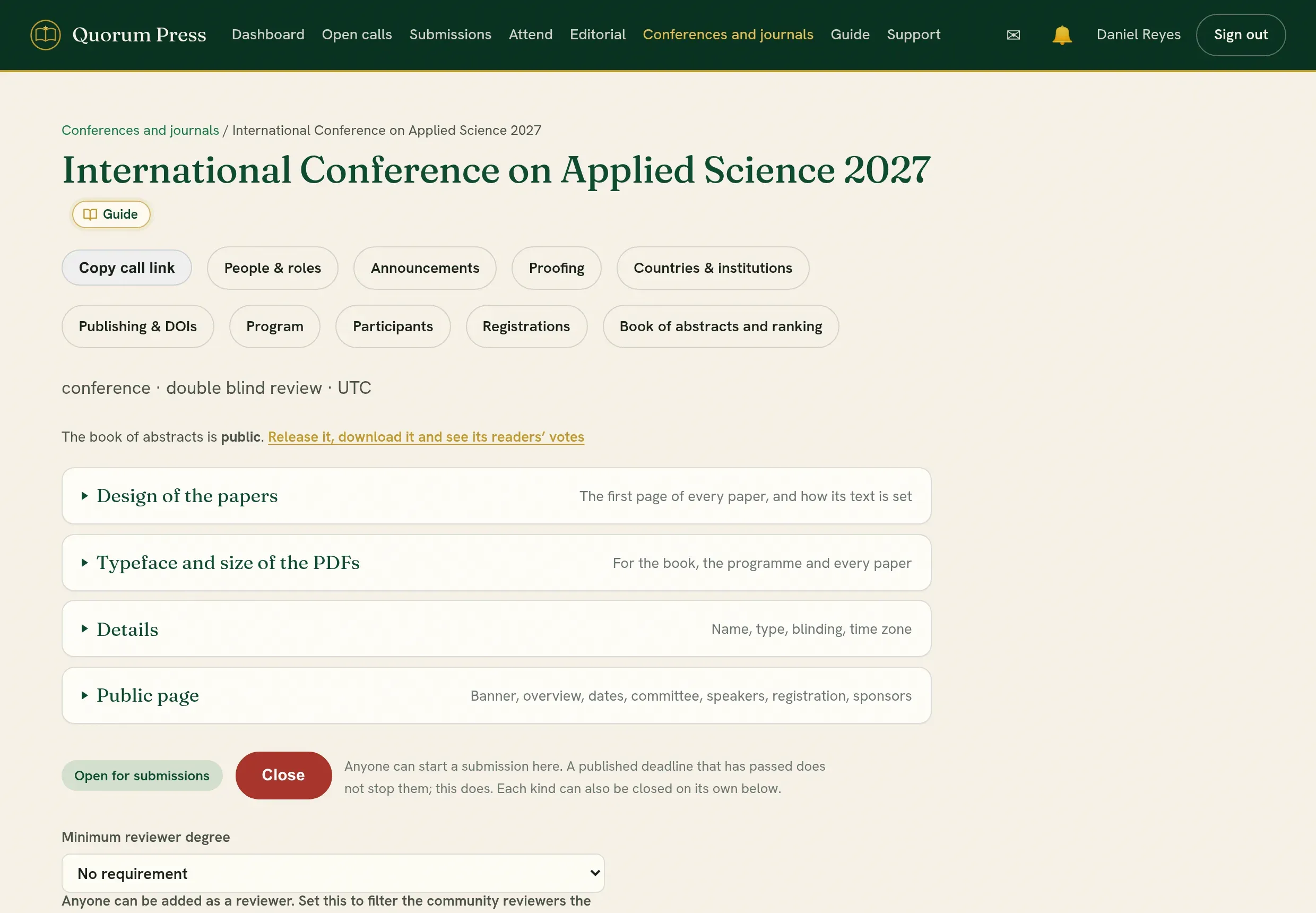 The page of a conference or journal: its tools along the top, then the call’s settings.