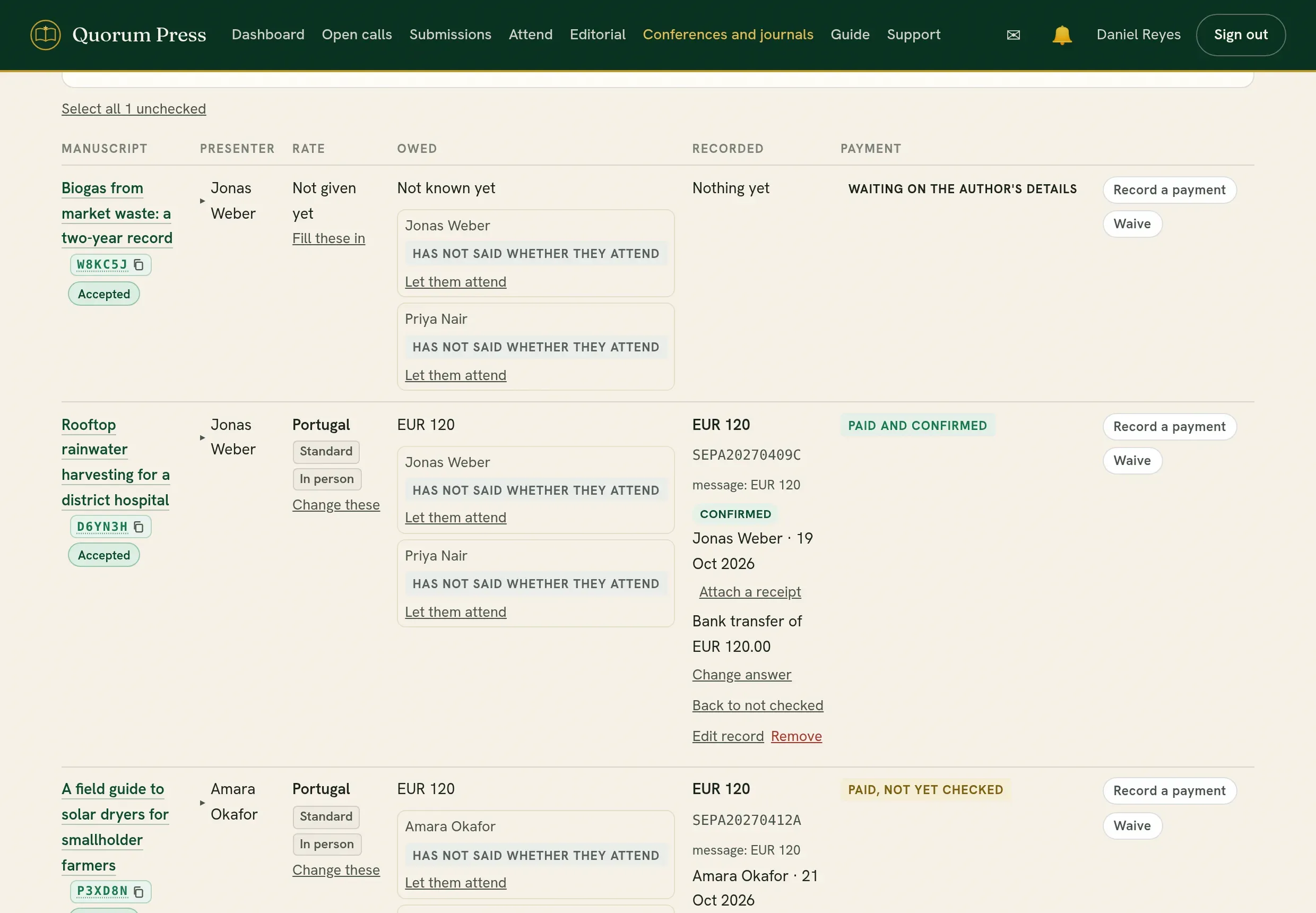 One row for each accepted submission, with what is owed and what has been recorded.