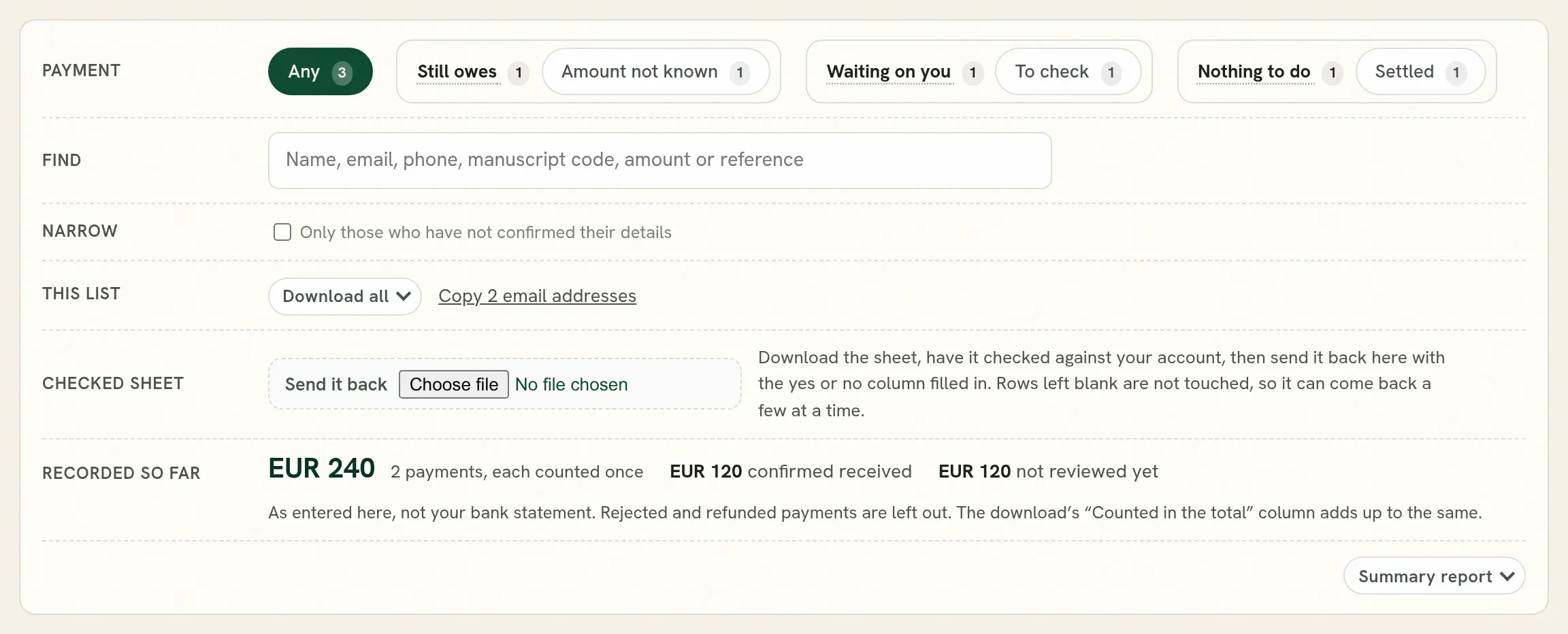 The registrations desk: filters, the list download, the checked sheet, and what is recorded so far.