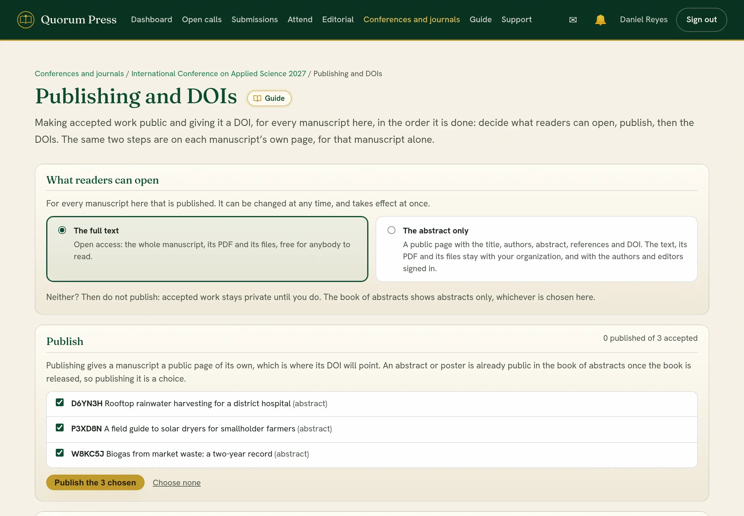 The DOIs page: the list to download, how to register, and where the DOIs are recorded.