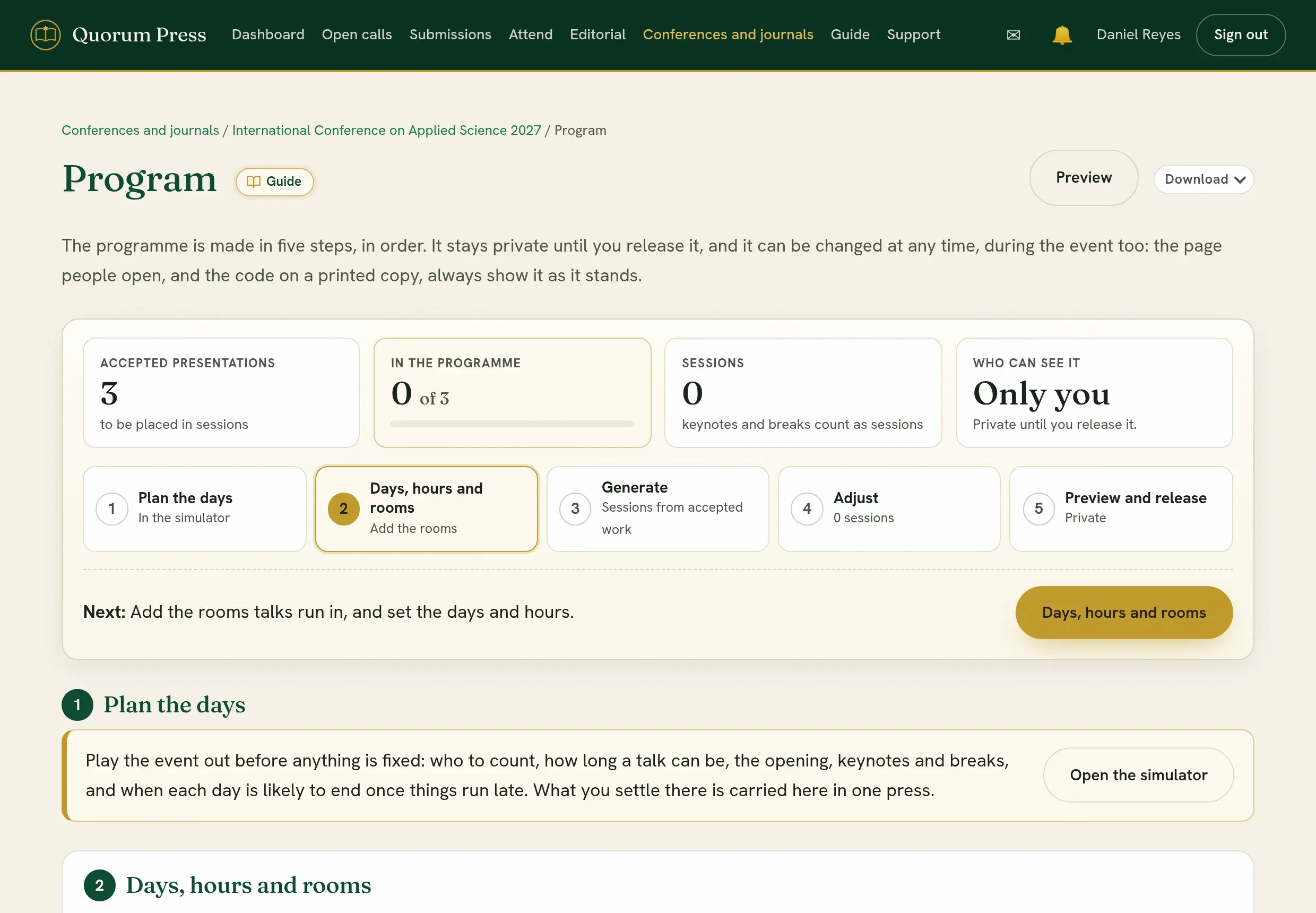 The Program page: the Download menu, the release control, and presentation times.