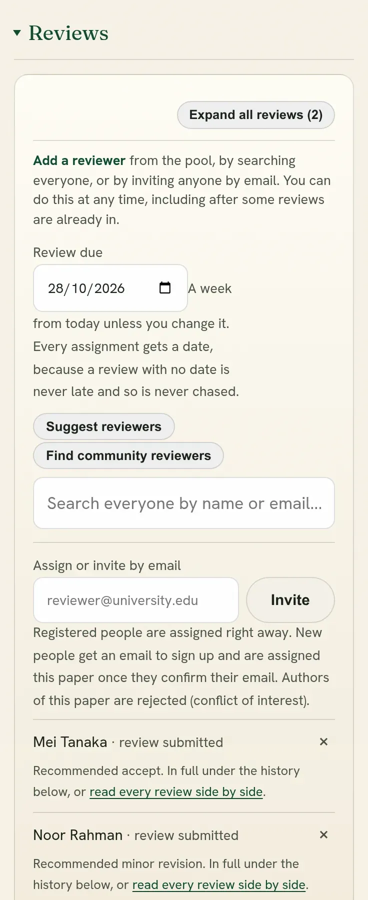 Reviews on a submission whose reviews are in: who was asked and what each recommended.