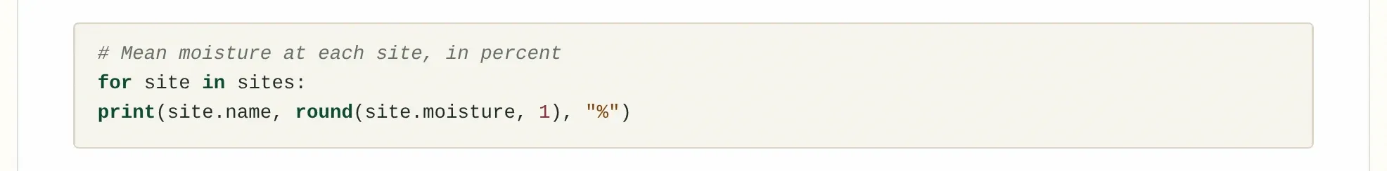 The two lines of code in the editor, in a dark block and a fixed-width typeface.