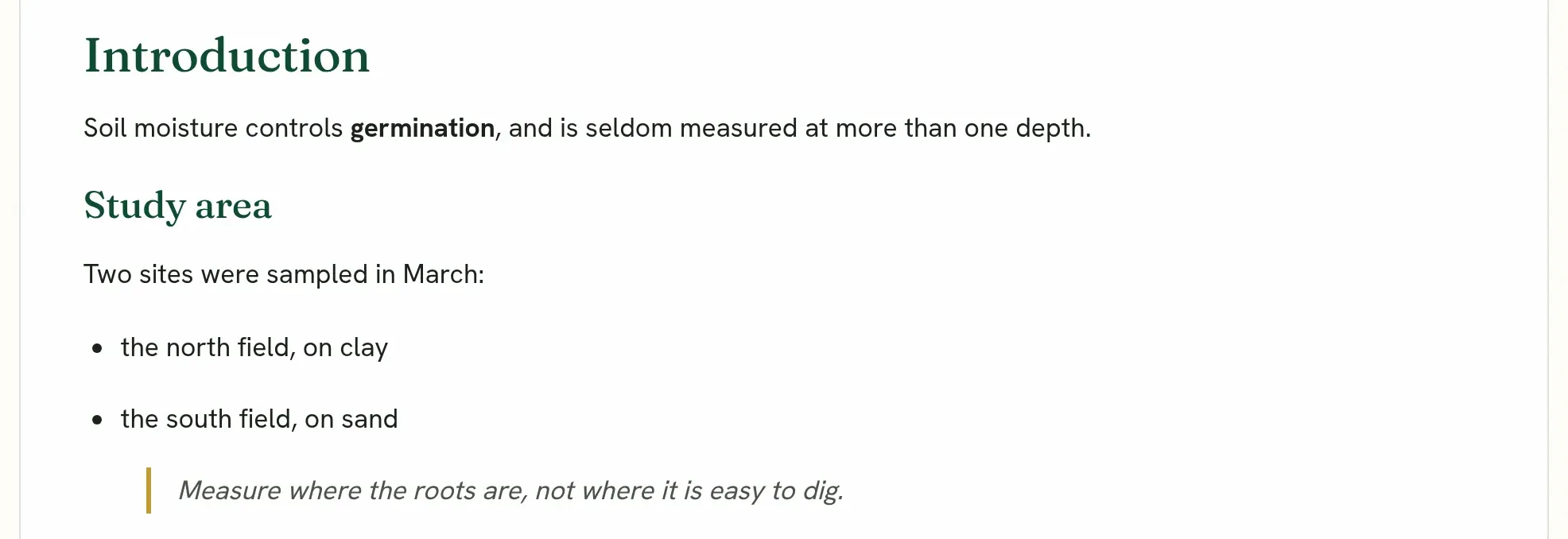 The editor after typing the example: a section heading, a sentence with one word in bold, a subsection heading, a list of two items and a quote.