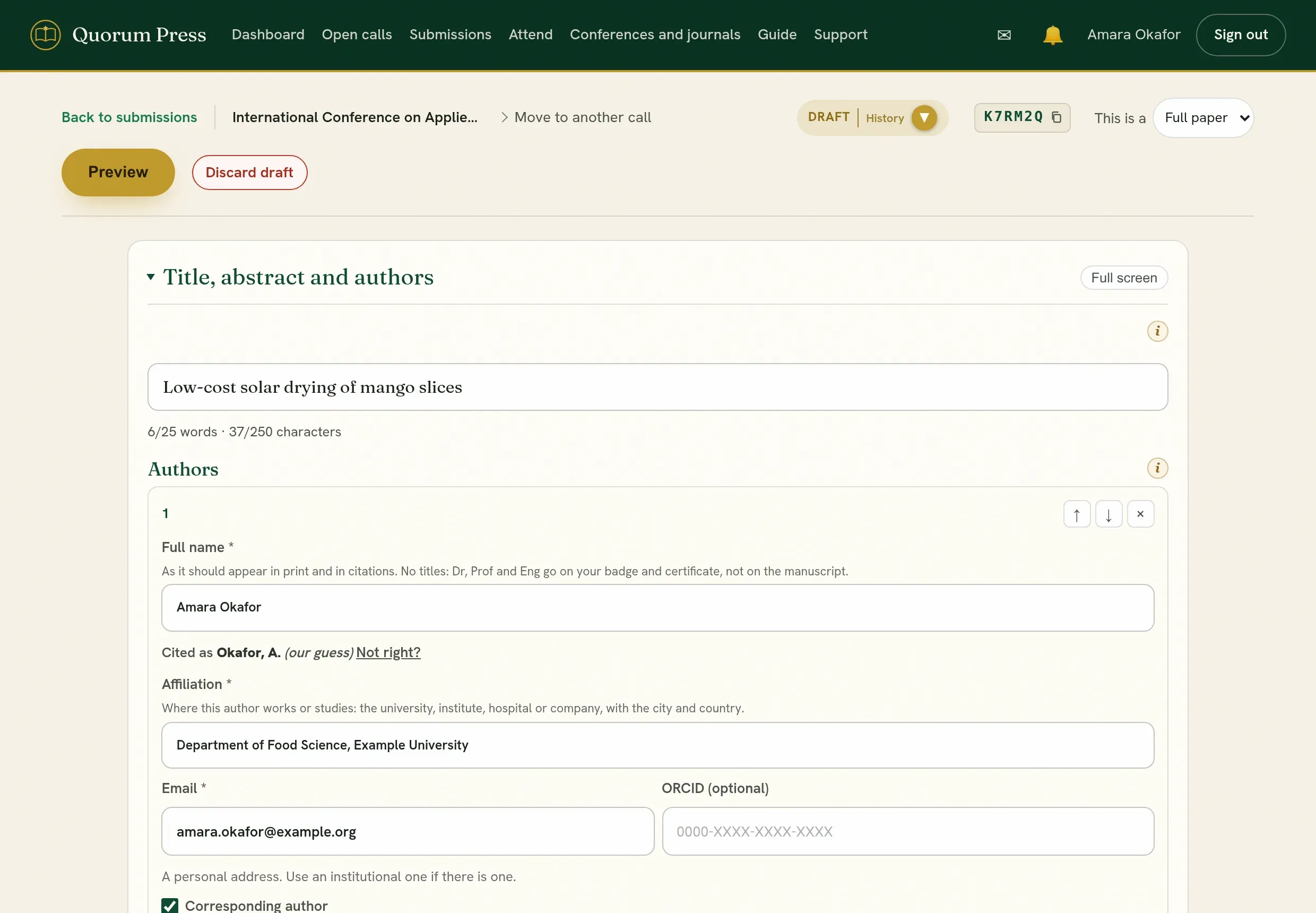 The editor, with the title and the authors at the top. Preview is the gold button.