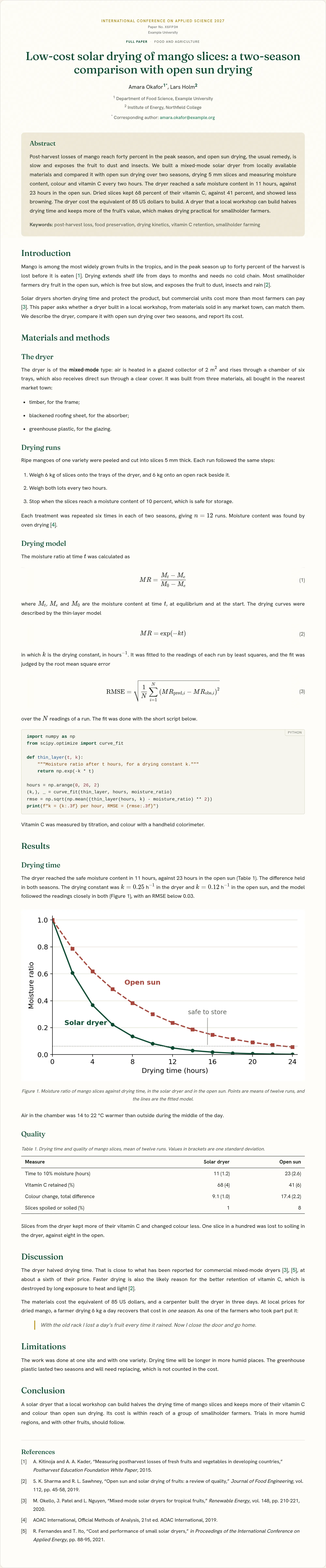 A complete full paper in the Quorum Press preview, from title to references, with lists, equations, code, a figure, a table and a quote.