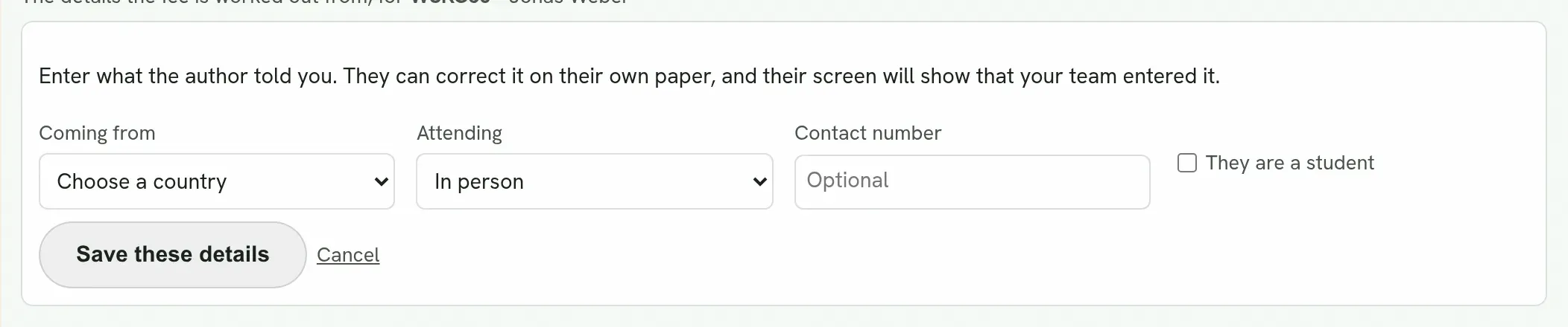 The desk’s form for an author’s details.