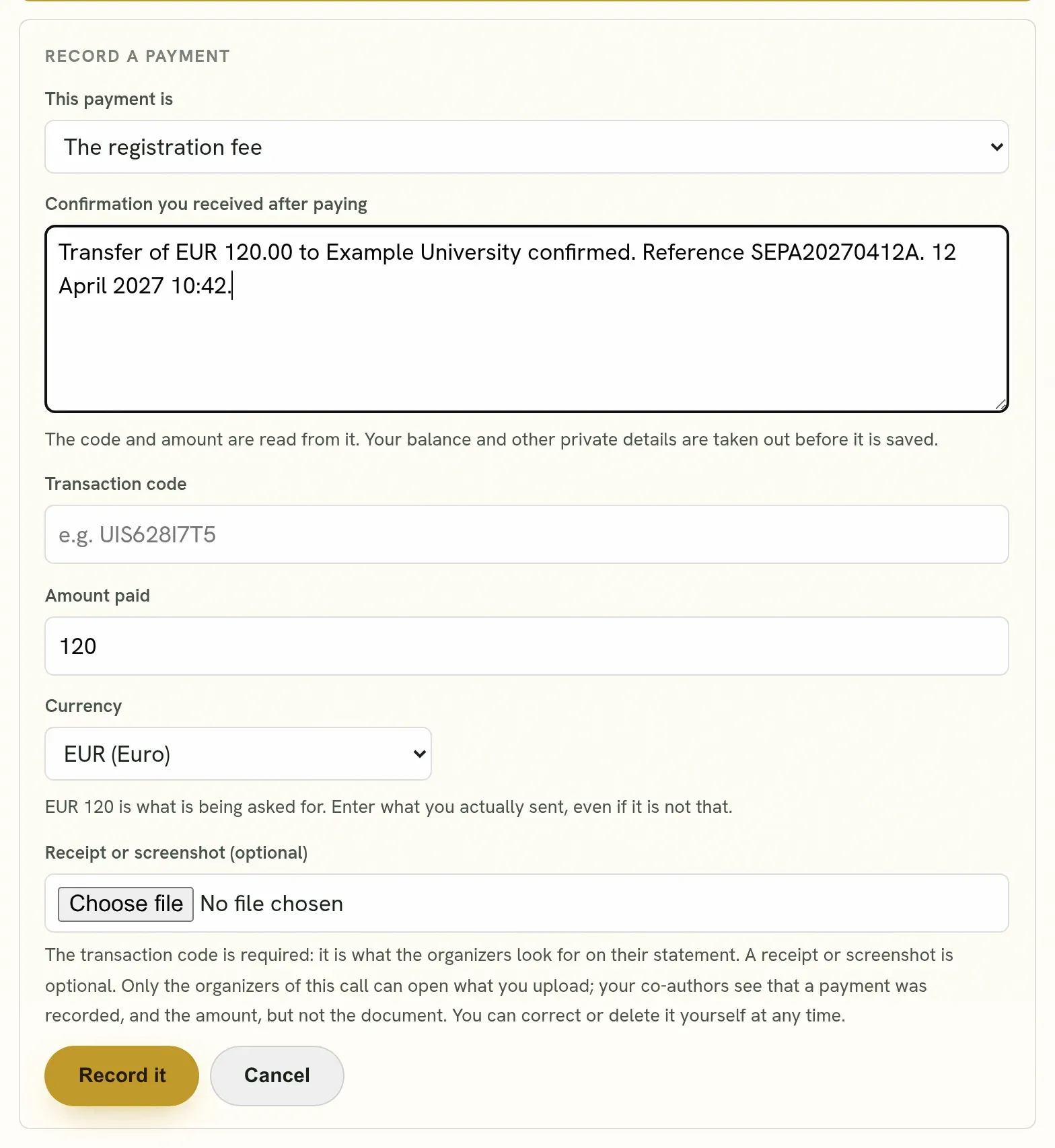 The form that records a payment, with the confirmation message pasted in.