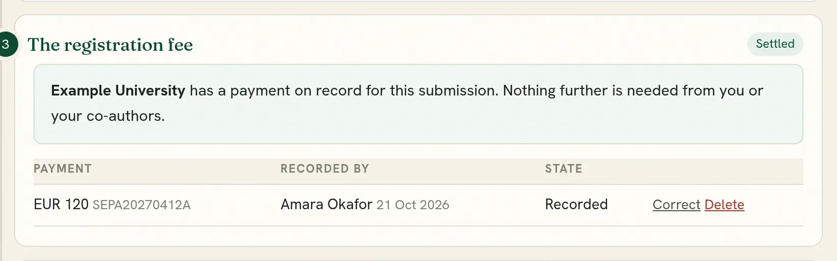 A recorded payment on the submission, with Correct and Delete beside it.