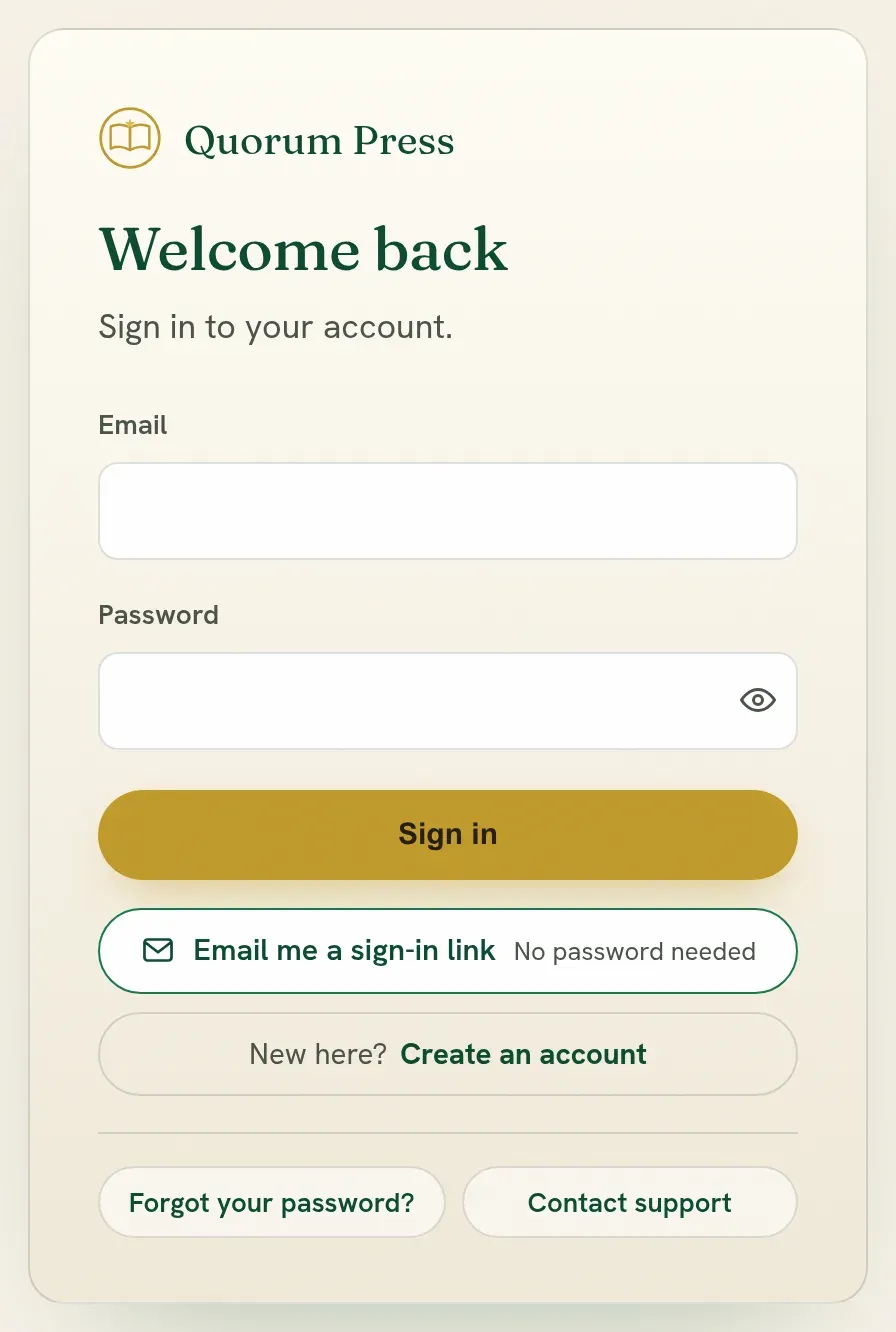 The sign-in page, with email and password, a sign-in link by email, and Google.