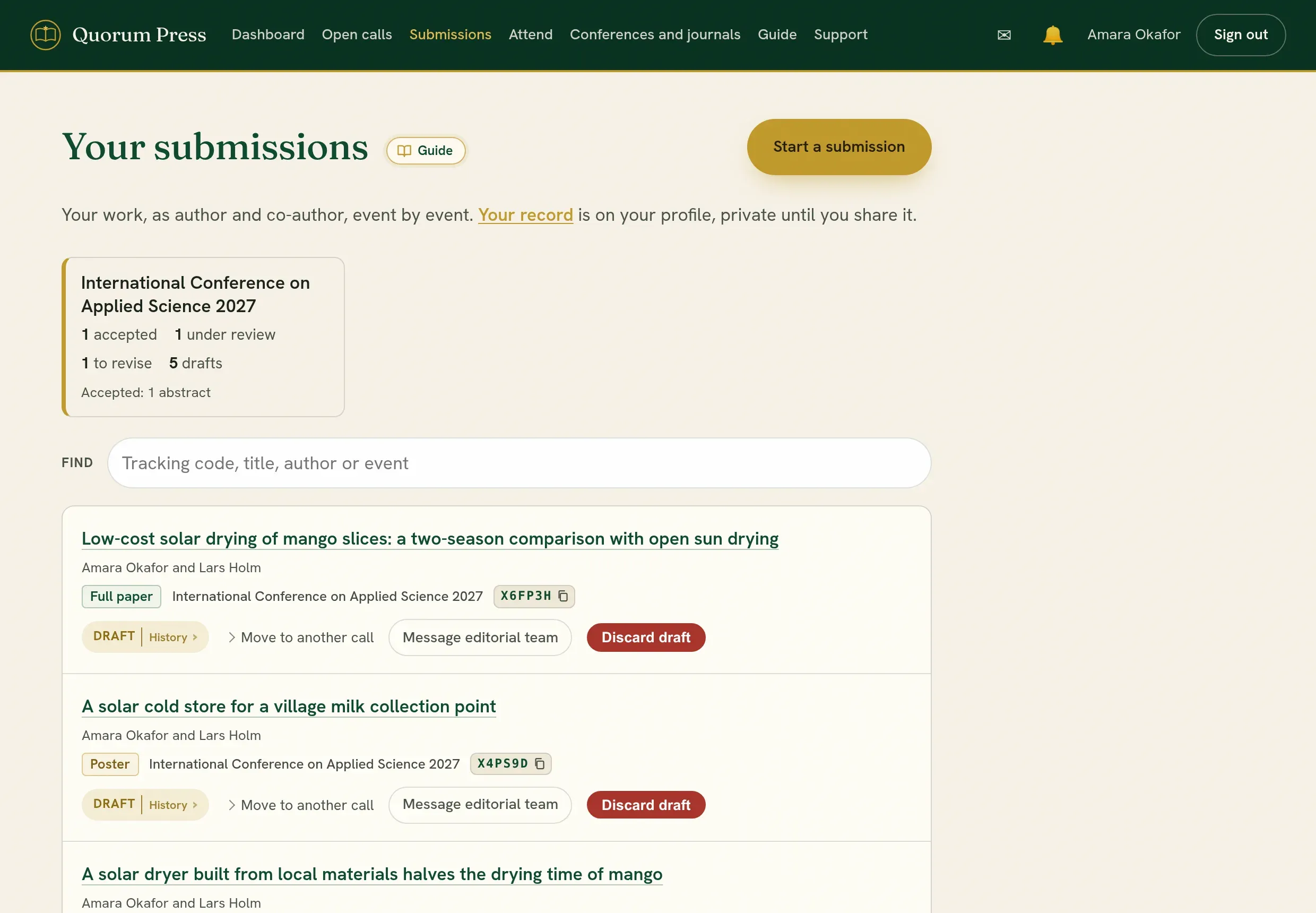 Your submissions: each one shows its title, authors, kind, event, tracking code and status.